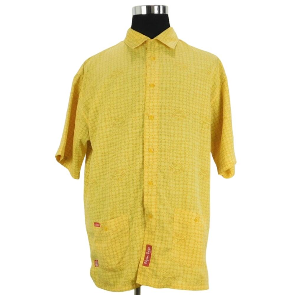 Marc Ecko Mens Large Yellow Brown Short Sleeve Button Shirt